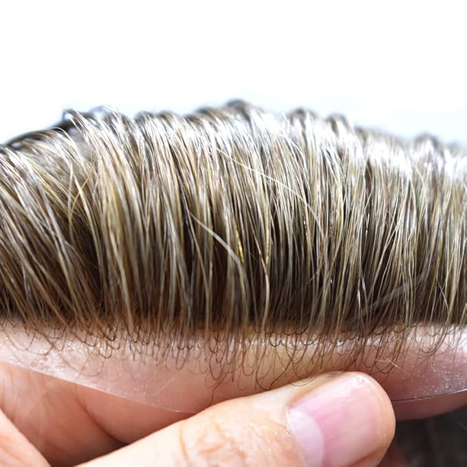F M FACE MIRACLE NEW YORK Mens Toupee Human Hair Piece French Lace Toupee for Man Hair System Indian Human Hair Replacement Systems V-Looped PU Front Hairpieces 7"X9" 6# LIGHT BROWN