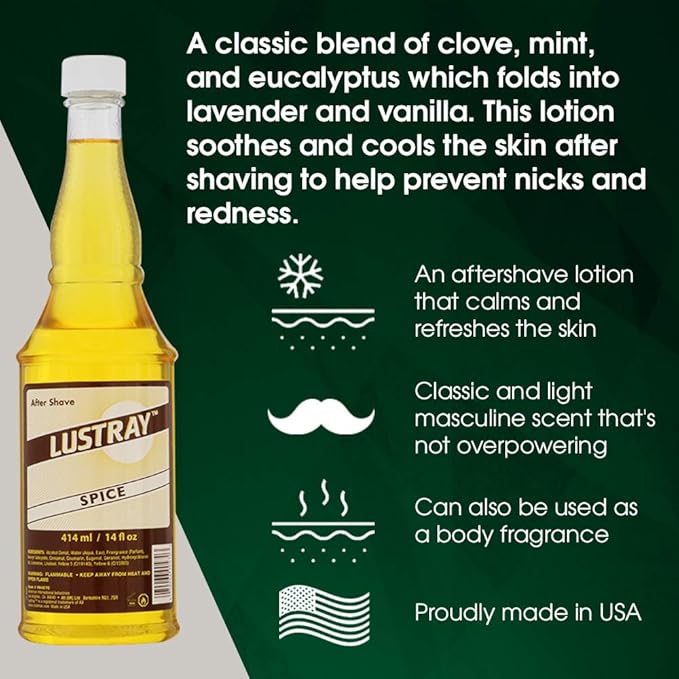 Clubman Lustray Spice After Shave Lotion – Classic Men's Aftershave for Razor Burn Relief, Refreshes & Soothes Skin After Shaving, 14 oz