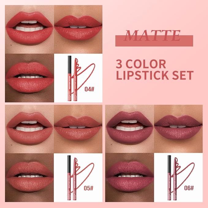 K16 Hxssll 12 Colors Matte Lip Liner Pencil – Long Lasting Waterproof Lip Liner, Smudge Proof Transfer Proof Lip Pencil, High Pigment Lip Makeup for Defining & Filling Lips (A3-set:04+05+06, 3PCS)