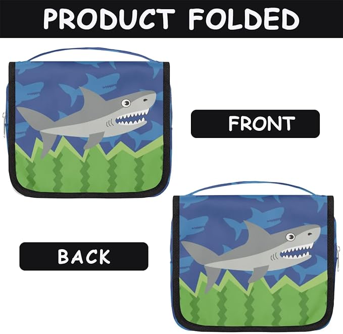 OMFUNS Funny Shark Hanging Travel Toiletry Kit Bag with Hook for Men and Boys, Ocean Animal Makeup Case Waterproof Cosmetic Bag Storage Bag Organizer for Accessories Toiletries