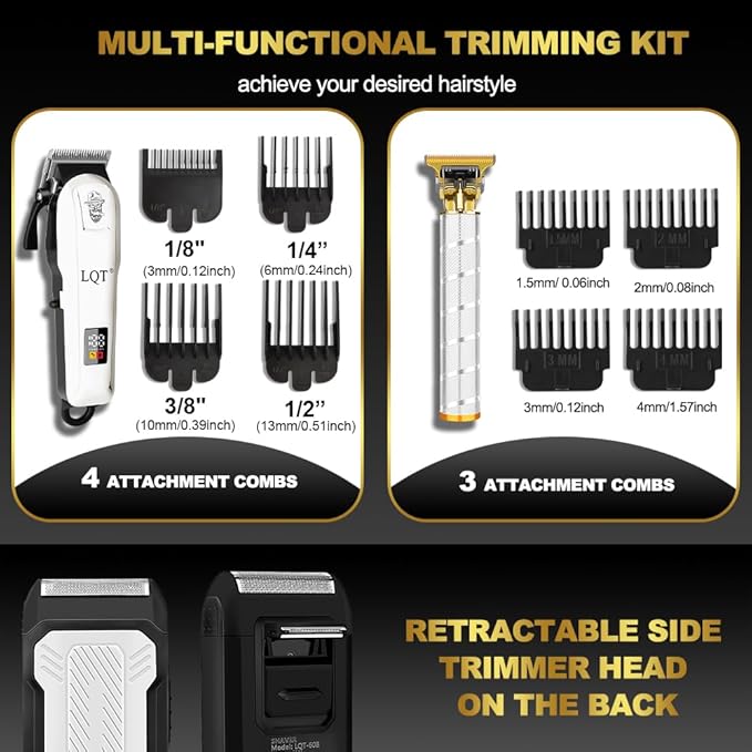 LQT Clippers and Trimmers Set for Men Cordless Professional Hair & Beard Trimmer with Adjustable Lever and Large Battery Capacity, Electric Razor for Men, Ideal for Home Barber Shops