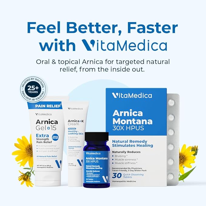 VitaMedica Arnica Montana Tablets & Arnica Cream Bundle - 150 Rapid Dissolve Tablets + 0.5 oz Vitamin K Topical Cream
