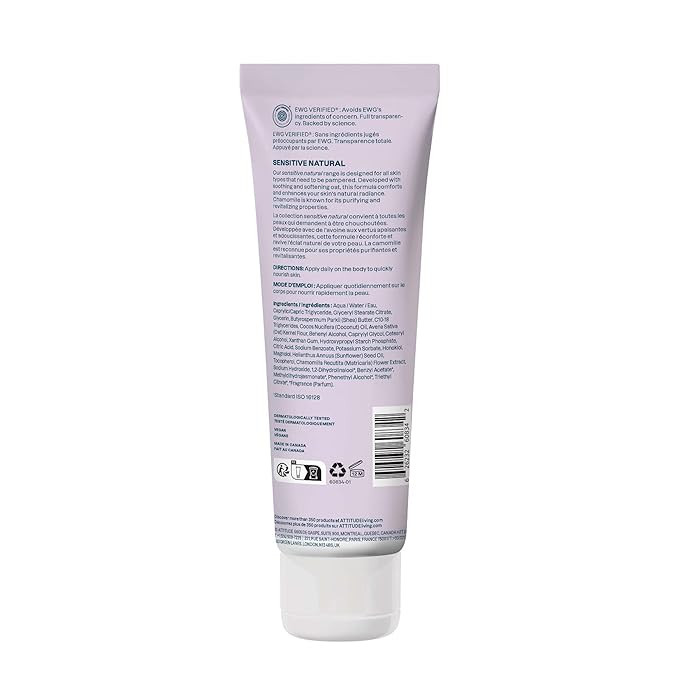 ATTITUDE Sensitive Skin Body Lotion, Soothing Oat Formula, Hydrating Care for Dry Skin, EWG Verified, Dermatologically Tested, Vegan, Sweet Jasmine Scent, 8 Fl Oz