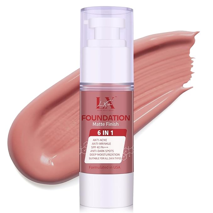 LXSKN 6-in-1 Makeup Infused with 1% Hyaluronic Acid- Matte + Poreless Liquid Foundation For A Glowing & Soft-Focus Look, Suitable for All Skin Types (405 Deep, 6-in-1 Makeup Foundation)