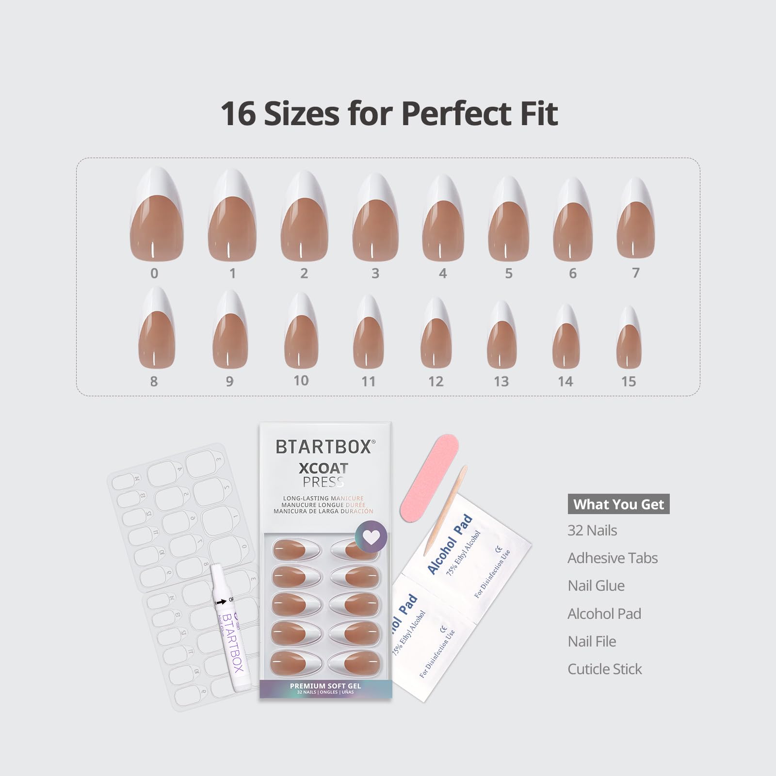 BTArtbox Press On Nails, Capable, Medium Almond, White French Tip, 32Ct