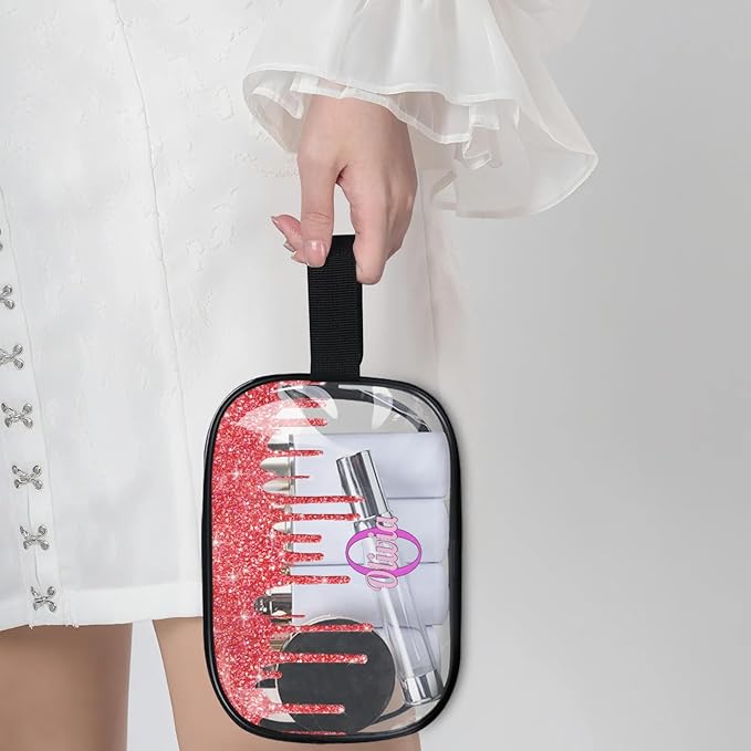 KFNHN Custom Clear Travel Cosmetic Bag with Name, Personalized Transparent Large Capacity Weekend Toiletry Bag Portable Bathroom Makeup Organizer, Shiny Sparkly Fluid Shape Red Glittering