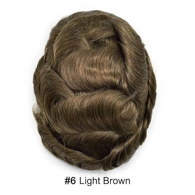 F M FACE MIRACLE NEW YORK Mens Toupee Human Hair Piece French Lace Toupee for Man Hair System Indian Human Hair Replacement Systems V-Looped PU Front Hairpieces 6"X9" 6# LIGHT BROWN