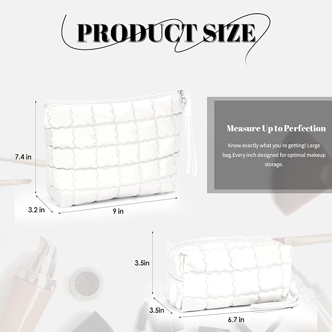 Richeart Makeup Bag Travel Toiletry Bag - Checkered Down Cotton Makeup Pouch for Women with Cosmetic and Pencil, Aesthetic White Design, 2 Pieces