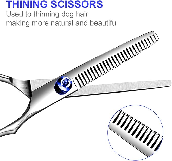 TINMARDA Dog Grooming Kit, Professional Stainless Steel Dog Grooming Scissors with Curved Shears, Blue Finger Rings - 4 Piece Sharp Durable Pet Shears for Dogs Cats At Home Salon-Quality Grooming