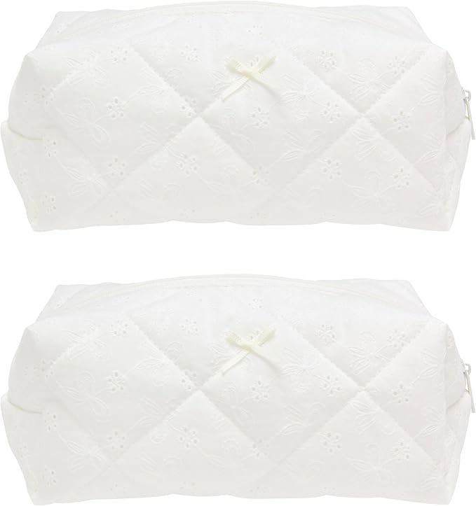 Cozy Makeup Bag for Women,Zipper Cosmetic Pouch,Embroidery White,2 Pack