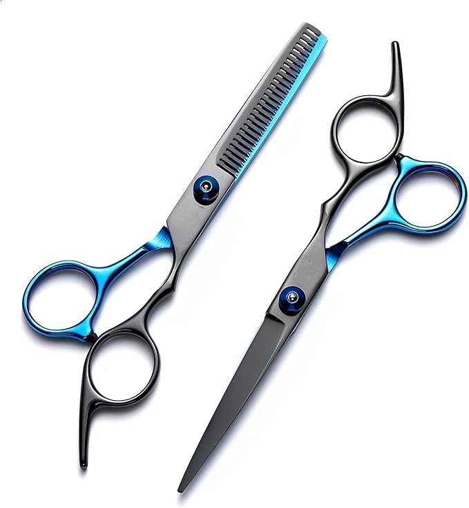 Hair Cutting Kit 11PCS - Professional Scissors With Stainless Steel Shears, Thinning Shears, and Accessories in Leather Case for Salon/Home (Black - Blue)