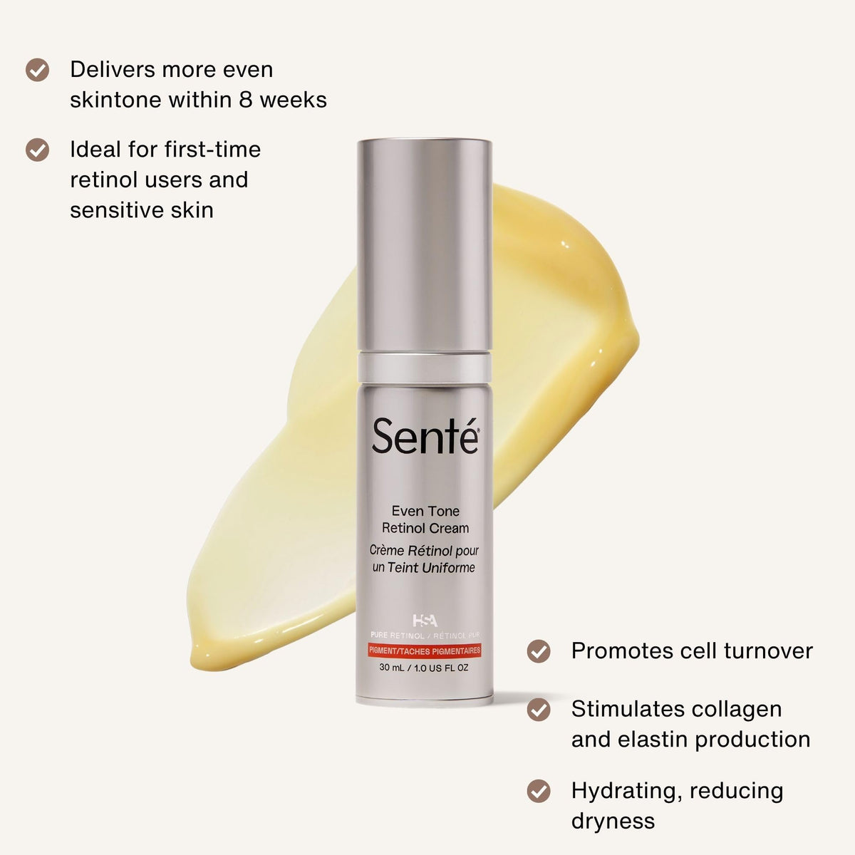Senté Even Tone Retinol Cream | 0.5% Retinol Combined with HSA & Skin-Firming DSA | Improves Skin Tone, Texture, & Dark Spots | 1.0 Fl Oz