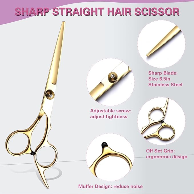 EOIFIV 11PCS Hair Cutting Scissors Kit, Professional Haircut Scissors with Stainless Steel Hair Shears, Thinning Shears, Haircut Accessories in Leather Case for Salon/Home (Gold)