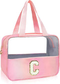 Junesters Initial Clear Makeup Bag Personalized Pink Clear Cosmetic Bag, Cute Large Make Up Bags Organizer Bag, Travel Toiletry Bag for Women Girl Gifts C (Pink)