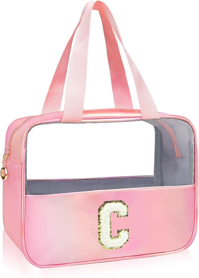 Junesters Initial Clear Makeup Bag Personalized Pink Clear Cosmetic Bag, Cute Large Make Up Bags Organizer Bag, Travel Toiletry Bag for Women Girl Gifts C (Pink)