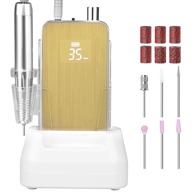 Professional Portable Nail Drill, AZ GOGO 35000RPM Rechargeable Cordless Electric Nail Drills for Acrylic Gel Nails - 60W Coreless Motor Quieter, High Efficiency Pro E-File for Salon & Home