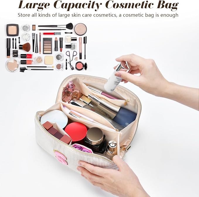 Personalized Initial Makeup Bag,Christmas Gifts for Girl,Preppy Bag Cosmetic Travel Bag Women,Travel Toiletry Organizer,Large Capacity Corduroy Stuff Bag,Cute Cosmetic Pouch Skincare Bag-J