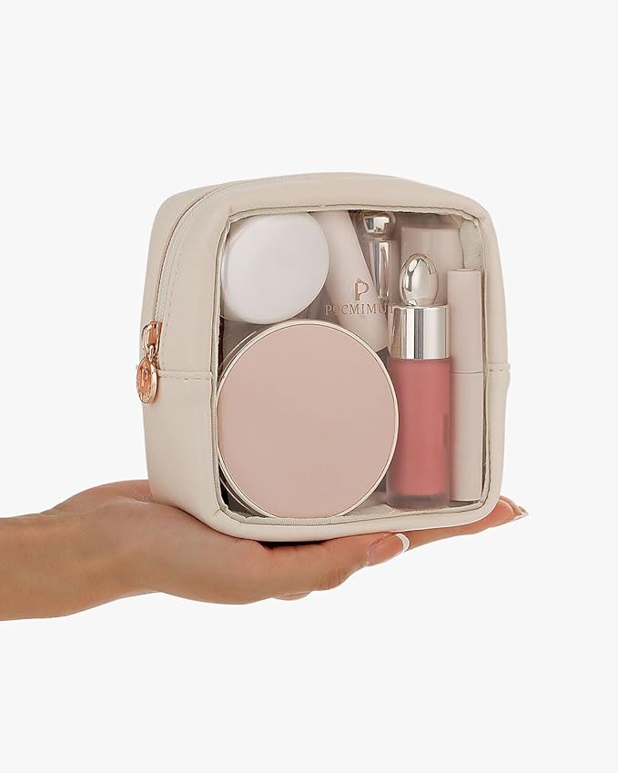 Pocmimut Clear Makeup Bag,Easy to Find Mini Makeup Bag for Purse,Travel Makeup Bag for Car, Compact Cosmetic Pouch for Daily Essentials,Beige