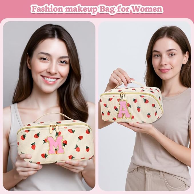Personalized Travel Makeup Bag Set,Initial Travel Strawberry Makeup Organizer Bag,Toiletry Skincare Cosmetic Bag,Christmas Gifts for Women/Girls,Open Flat Toiletry Pouch with Brush Pocket-O