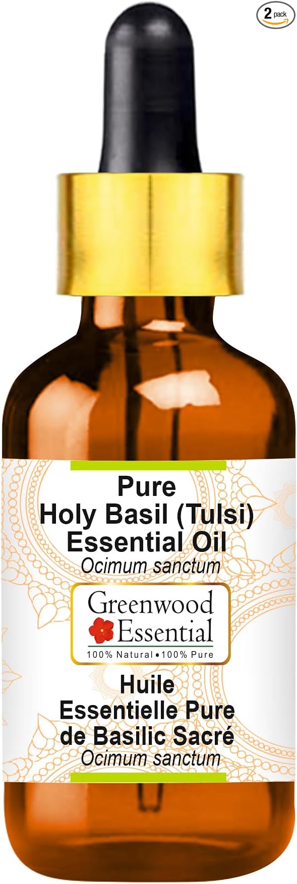 Greenwood Essential Pure Holy Basil Essential Oil (Ocimum Sanctum) with Glass Dropper Steam Distilled 10ml (0.33 oz)