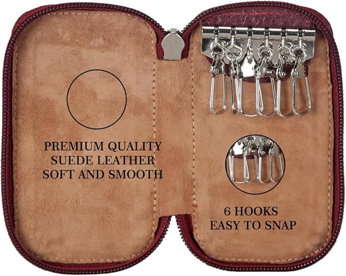 Adamis Full Grain Genuine Leather Keychain Holder Pouch, Key Case, Soft Strong and Compact Organizer and Wallet with Zip Closure for Extra Safety and 6 Key Holder Hooks in Wine