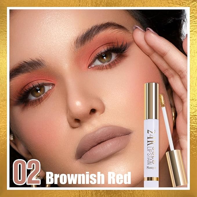 JUAAZIN All Day Lip Stain Peel Off Gold Liquid Lip Gloss Tattoo, Brownish Red Matte Finish Peel Off Lip Stain Masque, Long Lasting Waterproof Lip Tint, Transfer-proof for All Skin Types 02#