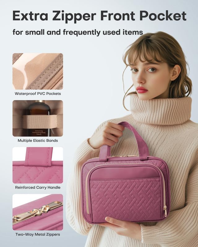 HOTOR Hanging Travel Toiletry Bag Women Men, Rosewood-Pink, Medium