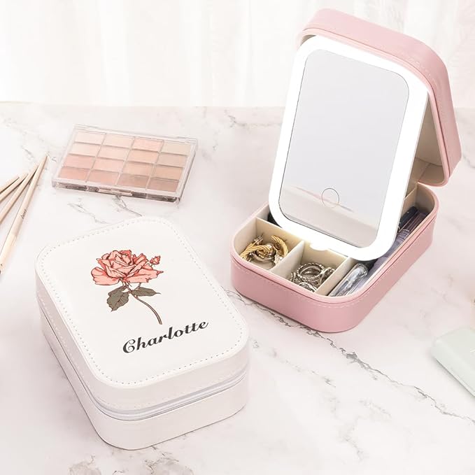 ipetlive Custom Birth Flower Travel Makeup Bag With LED Mirror Leather Personalized Name Makeup Organizer Portable Jewelry Organizer Case Birthday Christmas Gifts For Women Daughter Mother