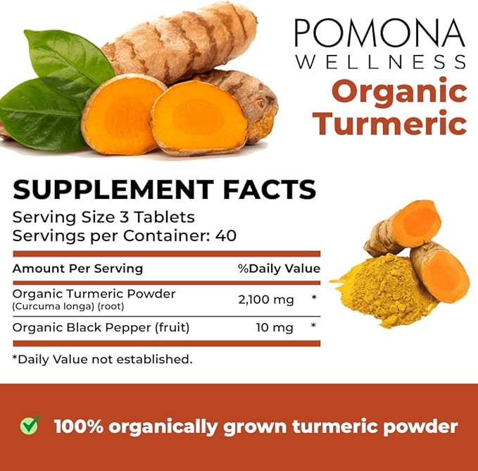 Pomona Wellness Organic Turmeric Supplement 2100 mg, 120 Tablets
