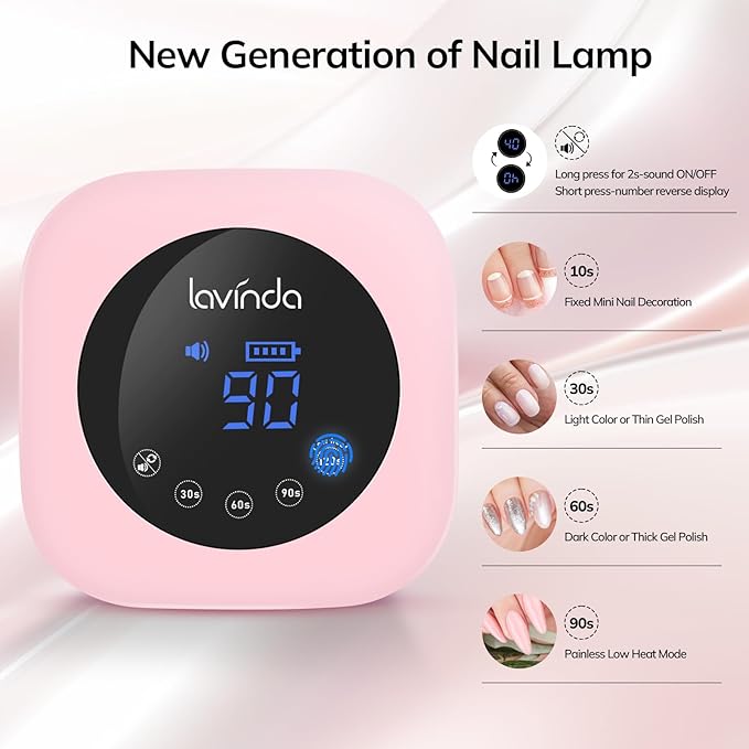 Lavinda 54W Cordless UV LED Nail Lamp for Gel Nails, Matte Macaron Pink