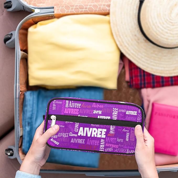 Personalized Name Makeup Bag Gift Bright Purple Solid Color Background