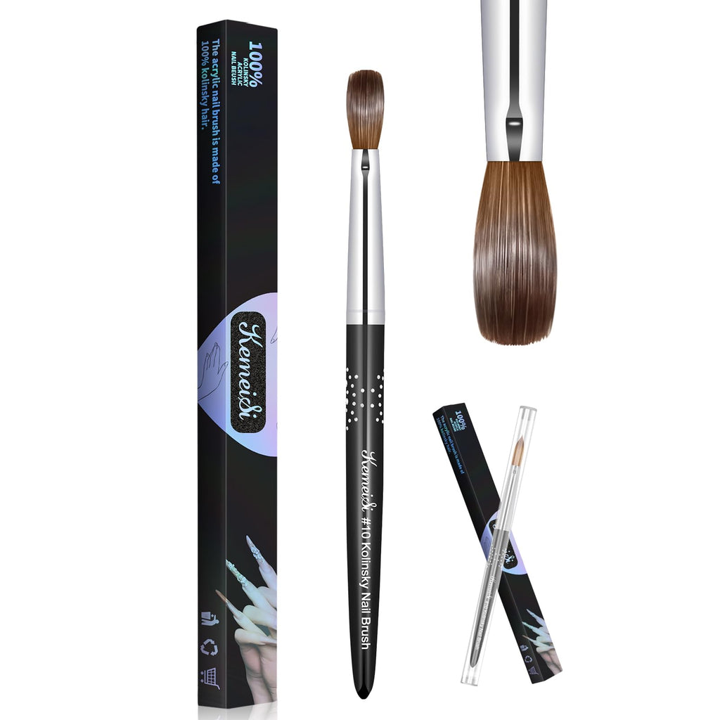 KEMEISI Acrylic Nail Brush Size #10, 100% Pure Kolinsky Nail Art Brushes for Acrylic Application, Sturdy Handle Oval Shaped Acrylic Powder Nail Design Tools for Professional Manicure DIY