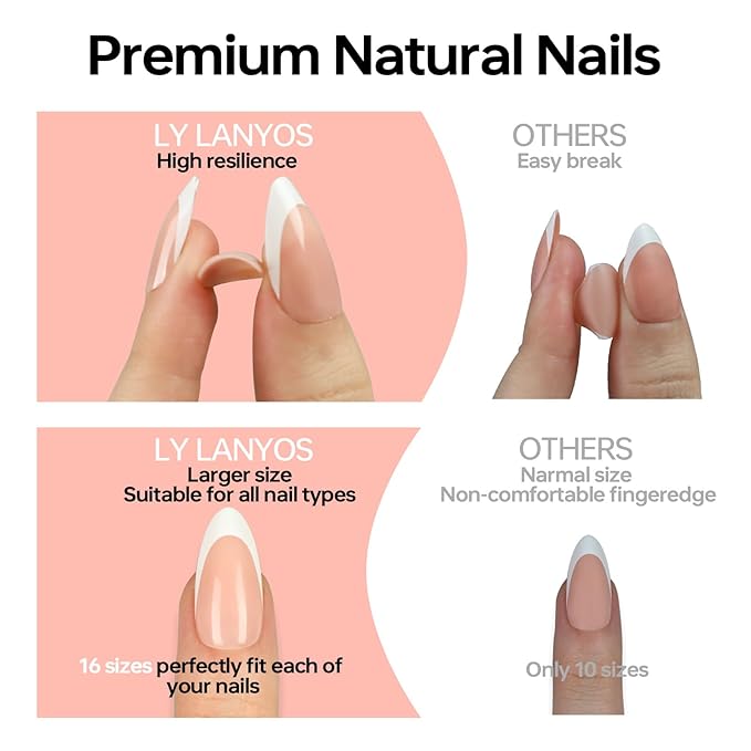 LY LANYOS 16 size white french tip almond press on nails for women,32 pcs super short petite oval nails with glue and stick ，nude french