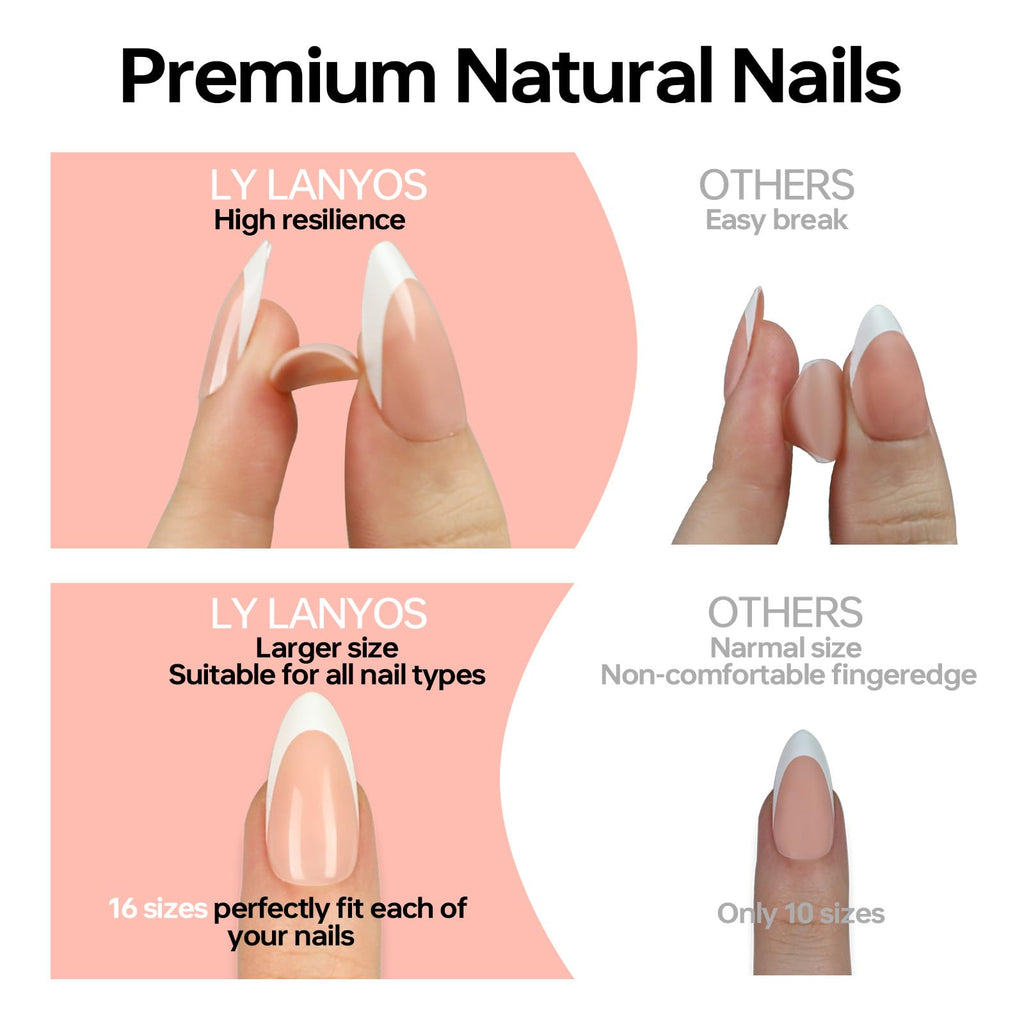 LY LANYOS 16 size white french tip almond press on nails for women,32 pcs super short petite oval nails with glue and stick ，nude french