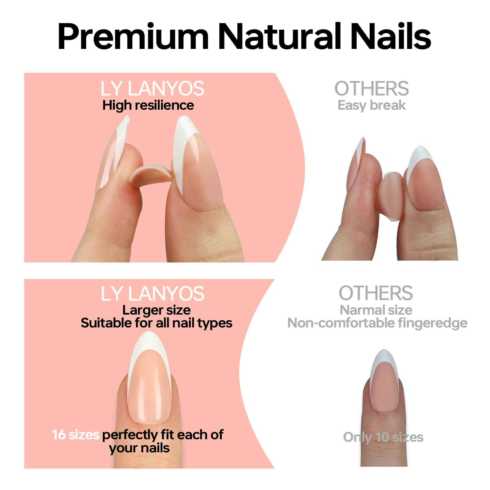 LY LANYOS 16 size white french tip almond press on nails for women,32 pcs super short petite oval nails with glue and stick ，nude french