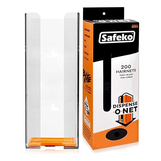 SAFEKO Dispense-O-Net Hairnet Dispenser & Wall Mount | Black Hairnets + Wall Mount | Lightweight Nylon Hairnets | Latex-Free