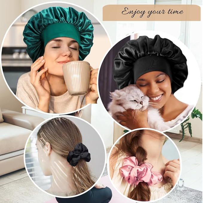 3+3 Large Satin Bonnets with Scrunchies for Women, Wide Band Hair Bonnet for Sleeping Braids Curly Hair, B