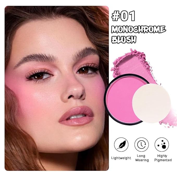 HHLTOH Natural Single Matte for Face Cheeks Blush with Makeup Powder Puff, Rose Pink Monochrome Blush Cream Powder Makeup Palette Blushes Long-lasting Color Blendable Foundation for Women Every Day 01