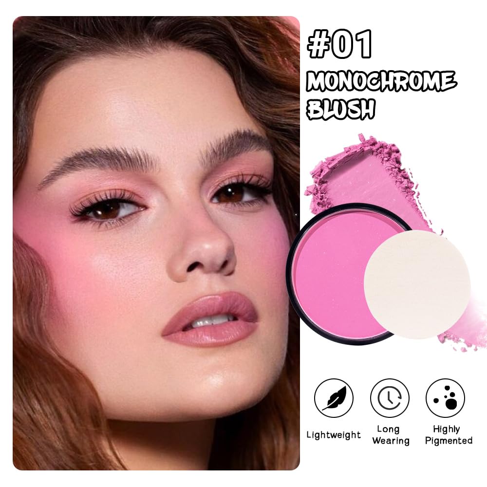 HHLTOH Natural Single Matte for Face Cheeks Blush with Makeup Powder Puff, Rose Pink Monochrome Blush Cream Powder Makeup Palette Blushes Long-lasting Color Blendable Foundation for Women Every Day 01