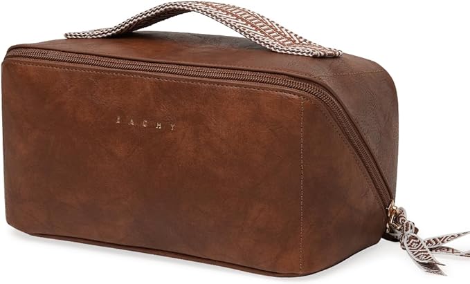 EACHY Travel Makeup Bag, Large Capacity Cosmetic Bags for Women, Waterproof Portable Open Flat Toiletry Bag Make up Bag with Divider and Handle, Gifts for Women (I-Brown, Medium)