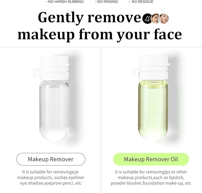 Lea ll U 2 in 1 Disposable Makeup Remover Set, Portable Mini Liquid Remover Oil serum 10 Pieces, Includes 20 Remover Cottons, Natural Deep Cleanser for Face, Portable Skincare Facial Oil