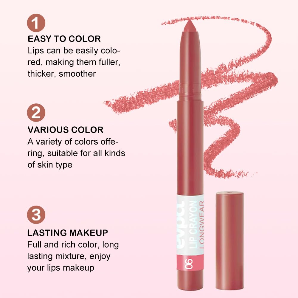 evpct Red Brown Lip Liner Crayon Pencils Set for Women, Matte Lip Stick Crayon Long Lasting, Lips Pencil Liner and Lipstick set, Lipliner Pencil, 24 Hours Long Wearing Lipstick, Built-in Sharpener 06