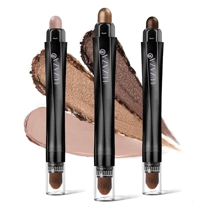 LUXAZA 3Pcs Eyeshadow Stick Set, Matte And Shimmer Creamy Eyeshadow Pencil, Brown Gold Nude Shadow Stick Set, Waterproof Long Lasting Smoky Eye Makeup…