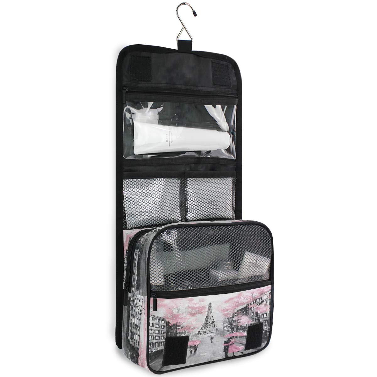 Hanging Toiletry Bag Eiffel Tower Paris Lovers Street Portable Travel Cosmetic Makeup Bag Bathroom Shower Shaving Kit Organizer Bag for Men Women