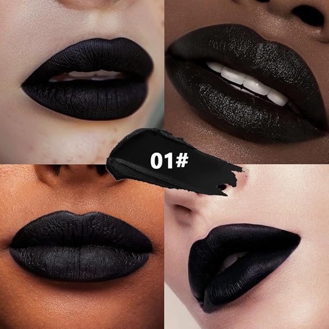 IATMOMOD Black Cream Matte Lipstick Stick 01#, Longwear Full Coverage Velvet Lip Color for Women, Waterproof Multi-Use Lip & Cheek Makeup Stick for Halloween Party, Lápiz labial mate en crema negra
