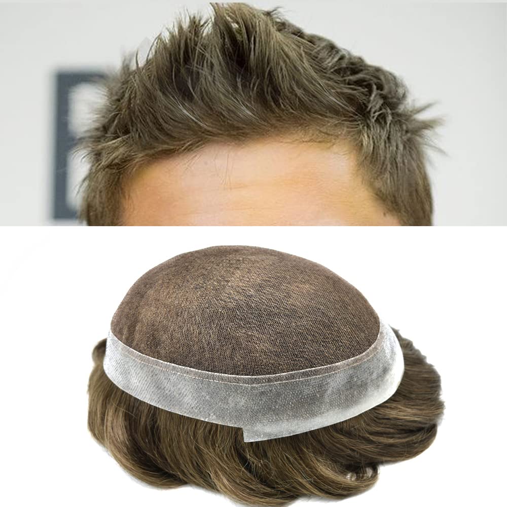 FACE MIRACLE Toupee for Men French Lace Hairpiece Human Hair Replacement System Skin PU Mens Toupee Hair Wigs for Man V-Looped Front Hair Prosthesis 6"X8" 4# MEDIUM BROWN — 8X10