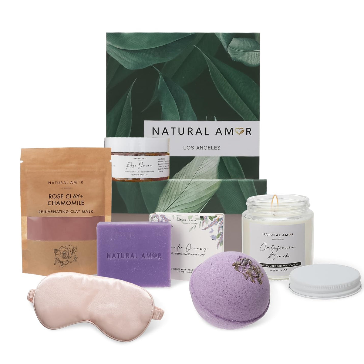 Natural Amor Lavender Spa Gifts for Women,7pcs Self Care Box Including Handmade Soap Bar, Candle, Bath Butter