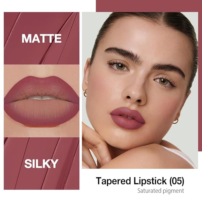 evpct Mauve Gradient Matte Lipstick Lip Liner Crayon Combo Pencil Set for Women Long Lasting Waterproof, Mauve Red Matte Cream Lip Liner and Lipstick Combo Makeup, Flawless Gradual Ombre Effect