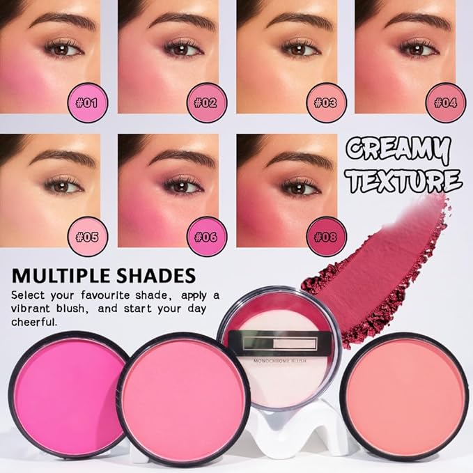 HHLTOH Natural Single Matte for Face Cheeks Blush with Makeup Powder Puff,Bright Red Monochrome Blusher Cream Powder Makeup Palette Blush Long-lasting Color Blendable Foundation for Women Every Day 08