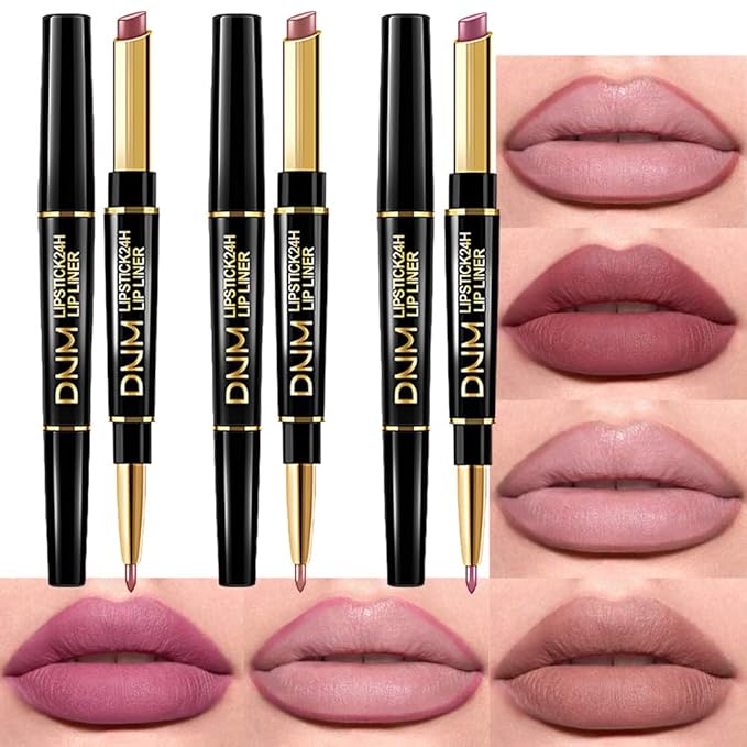 BINGBRUSH 3Pcs Double Ended Light Mauve Red Nude Beige Matte Lip Liner and Lipstick Makeup Combo Set for Women,Plum Rose Lipliner 24 Hours Original Waterproof Long Lasting Lip Stains Pencil Kit Set